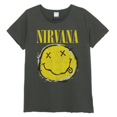 Nirvana Unisex T-Shirt - Worn Out Happy Face - Amplified Vintage Charcoal Official Design