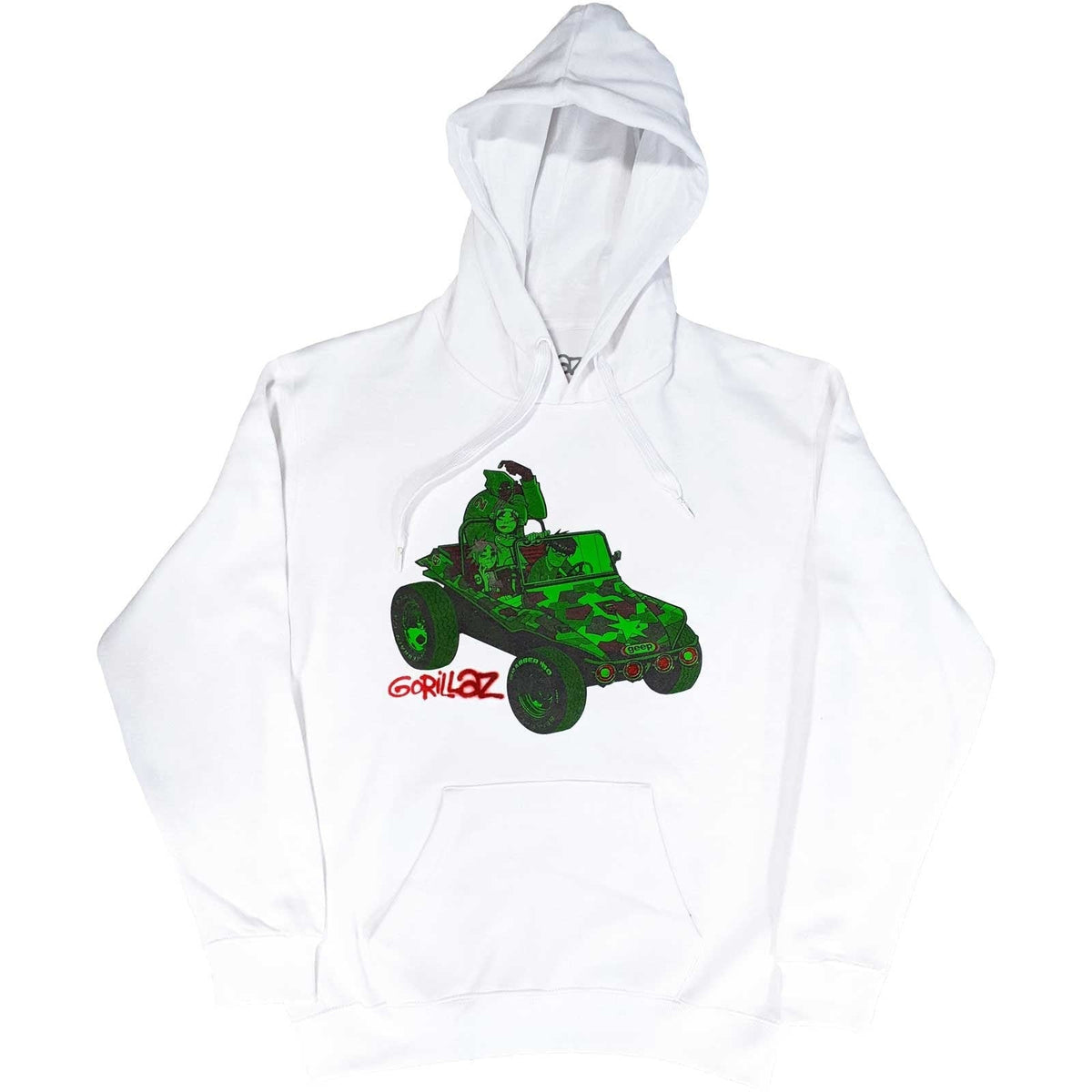 Gorillaz Hoodie - Green Jeep - White Unisex Pullover Official Licensed Design - Worldwide Shipping