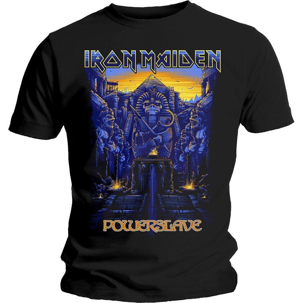 T-shirt adulte Iron Maiden - Powerslaves à encre noire - Conception sous licence officielle - Expédition mondiale