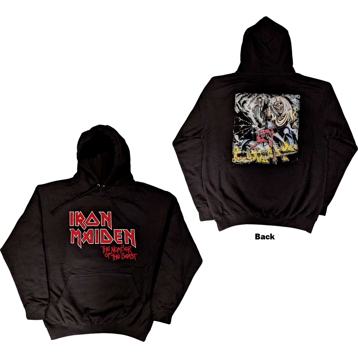 Iron Maiden Unisex Hoodie- Number of the Beast One Faded Logo Vintage (Back Print)- Official Licensed Design