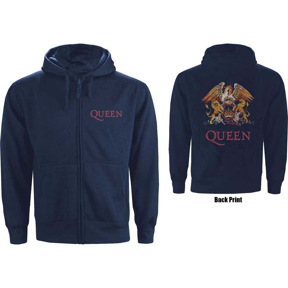 Queen Unisex-Kapuzenpullover mit Reißverschluss – klassisches Wappen (Rückendruck) – marineblaues Unisex-Offizielllizenzdesign mit Reißverschluss – Weltweiter Versand