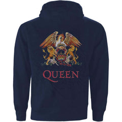 Queen Unisex-Kapuzenpullover mit Reißverschluss – klassisches Wappen (Rückendruck) – marineblaues Unisex-Offizielllizenzdesign mit Reißverschluss – Weltweiter Versand