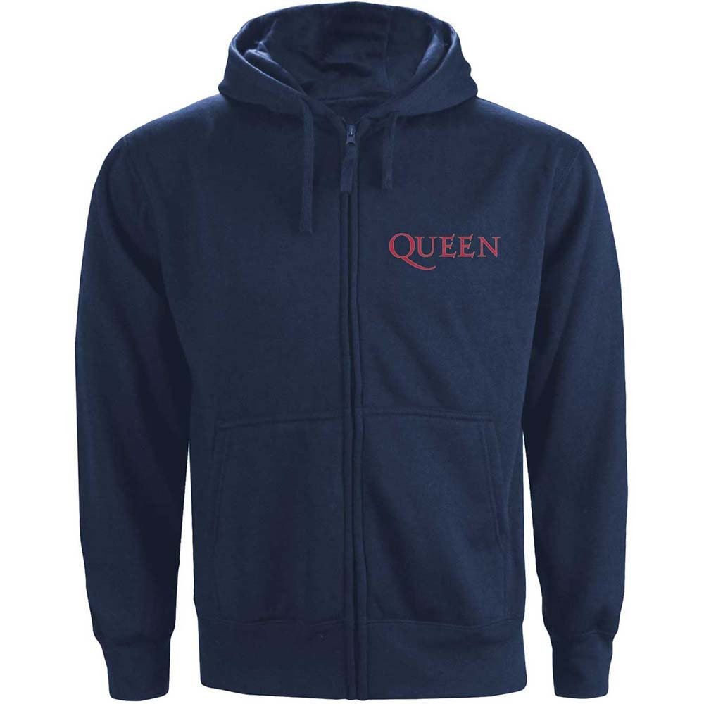 Queen Unisex-Kapuzenpullover mit Reißverschluss – klassisches Wappen (Rückendruck) – marineblaues Unisex-Offizielllizenzdesign mit Reißverschluss – Weltweiter Versand