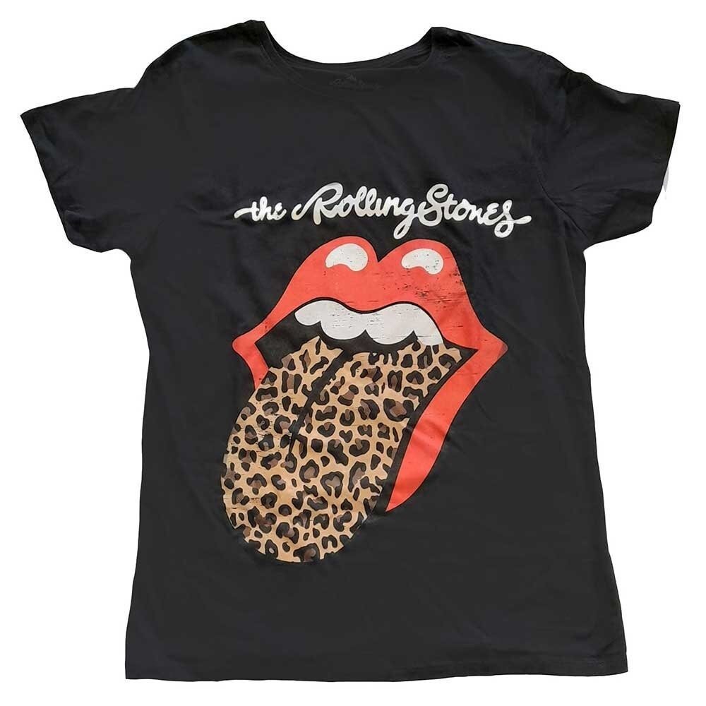 The Rolling Stones Damen-T-Shirt – Zunge mit Leopardenmuster – offizielles Lizenzdesign – weltweiter Versand