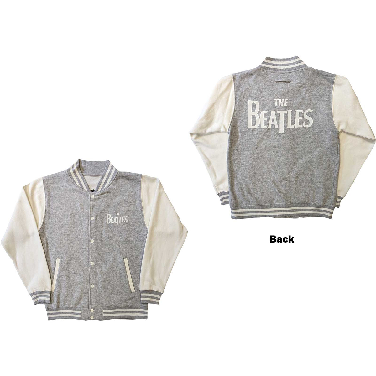 The Beatles College-Jacke – Drop T-Logo (Rückendruck) – Grau, offiziell lizenziertes Design