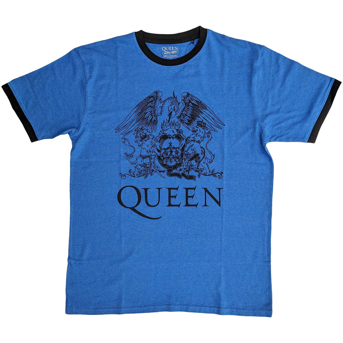 Queen Unisex Ringer T-Shirt - Crest Logo - Blue Official Licensed Design