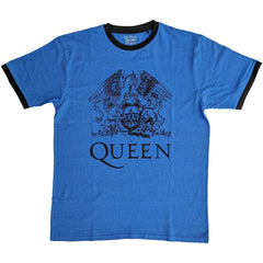 Queen Unisex Ringer-T-Shirt – Wappen-Logo – Blau, offizielles Lizenzdesign