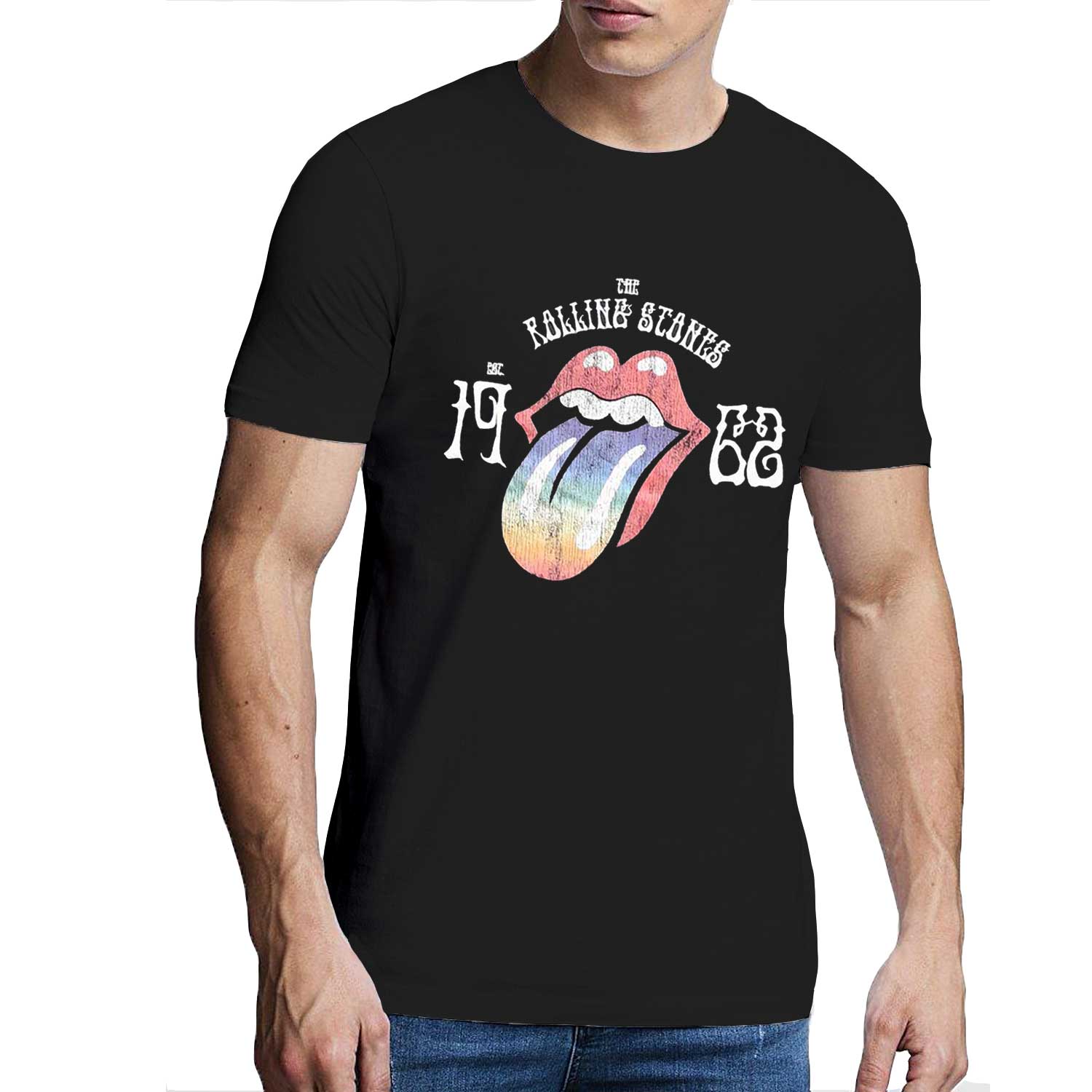 T-shirt unisexe des Rolling Stones - Sixty Rainbow Tongue '62 - Licence officielle à effet de construction élevé