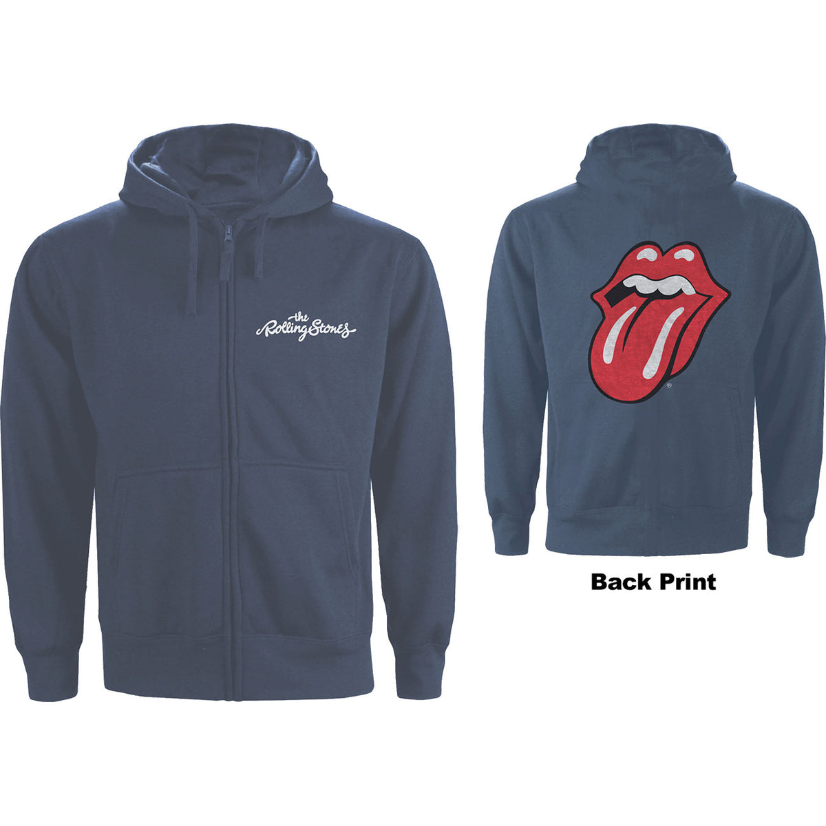 The Rolling Stones Sweat à capuche zippé – Langue classique (impression au dos) Bleu marine – Design sous licence officielle