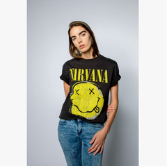 Nirvana Unisex T-Shirt – Worn Out Happy Face – Amplified Vintage Charcoal Offizielles Design